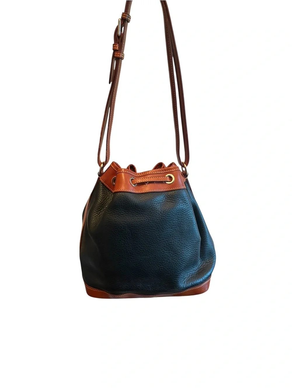 Vtg Dooney & Bourke Black Pebbled Leather Drawstring Bucket Bag Shoulder Purse